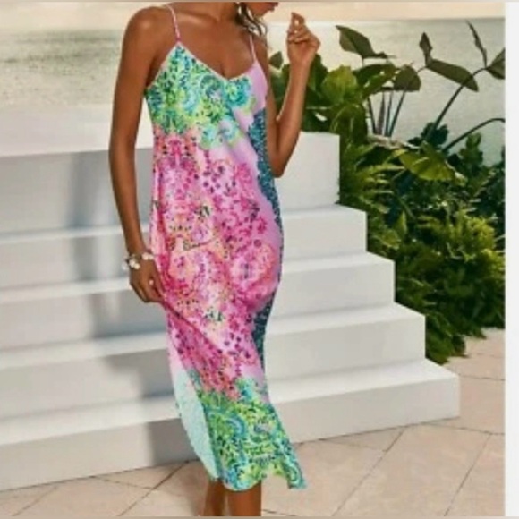 Lilly Pulitzer Dresses & Skirts - Bellalyn Satin Midi Dress in the "Multi Sunshine Vibes Engineered" print large